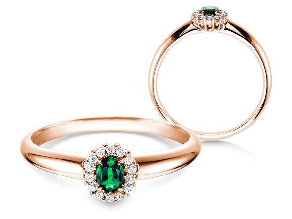 Anello di Fidanzamento Jolie in 18K oro rosa con smeraldo 0,25ct e diamanti 0,06ct