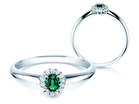 Anello di Fidanzamento Jolie in 9K oro bianco con smeraldo 0,25ct e diamanti 0,06ct