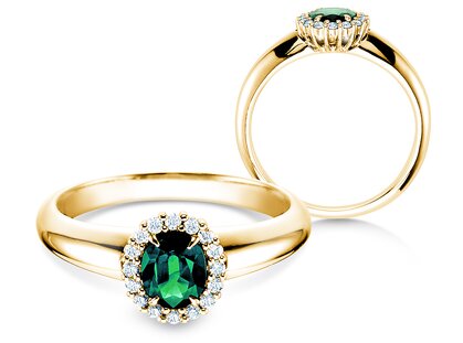Anello di Fidanzamento Windsor in 14K oro giallo con smeraldo 0,60ct e diamanti 0,12ct