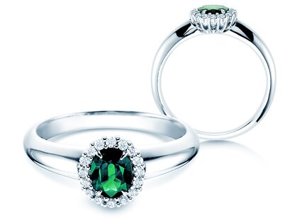 Anello di Fidanzamento Windsor in platino 950/- con smeraldo 0,60ct e diamanti 0,12ct