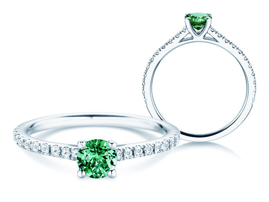 Anello con pietra di nascita Pure Colour maggio in 9K oro bianco con smeraldo 0,50ct e diamanti 0,26ct