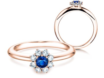 Anello di Fidanzamento Lovely in 14K oro rosa con zaffiro 0,10ct e diamanti 0,15ct