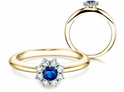Anello di Fidanzamento Lovely in 14K oro giallo con zaffiro 0,10ct e diamanti 0,15ct