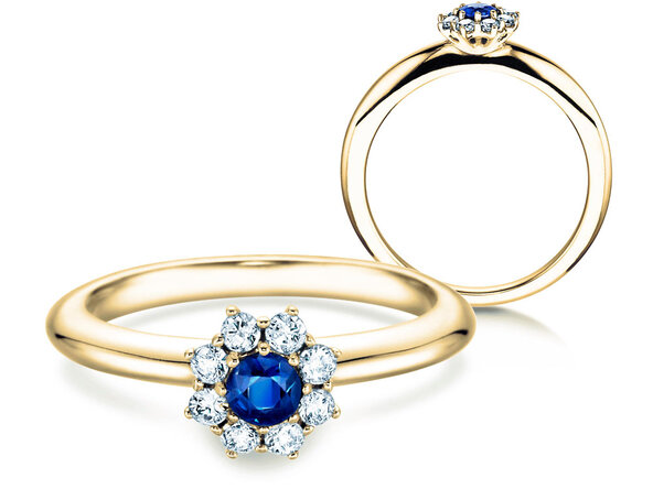 Anello di Fidanzamento Lovely in 14K oro giallo con zaffiro 0,10ct e diamanti 0,15ct