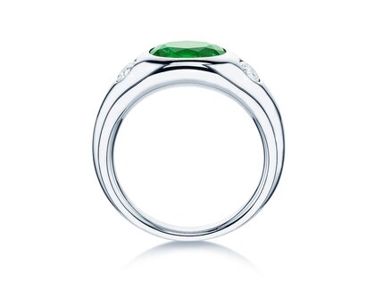 Anello di Fidanzamento Three-Stone Signet in 9K oro bianco con smeraldo 1,35ct e diamanti naturali 0,30ct