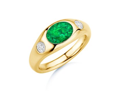 Anello di Fidanzamento Three-Stone Signet in 14K oro giallo con smeraldo 1,35ct e diamanti naturali 0,30ct