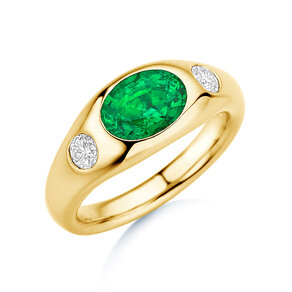 Anello di Fidanzamento Three-Stone Signet in 14K oro giallo con smeraldo 1,35ct e diamanti naturali 0,30ct