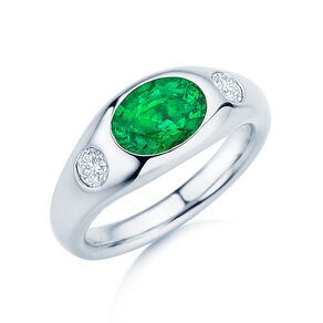 Anello di Fidanzamento Three-Stone Signet in 9K oro bianco con smeraldo 1,35ct e diamanti naturali 0,30ct