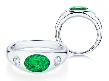 Anello di Fidanzamento Three-Stone Signet in 9K oro bianco con smeraldo 1,35ct e diamanti naturali 0,30ct