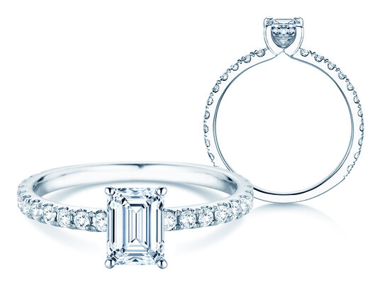 Anello di Fidanzamento Classic 4 Emerald Pavé in 9K oro bianco con diamanti naturali 0,87ct