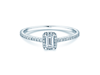Anello di Fidanzamento Emerald Halo Pavé in 14K oro bianco con diamanti 0,75ct G/VS