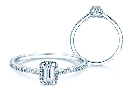 Anello di Fidanzamento Emerald Halo Pavé in 14K oro bianco con diamanti 0,75ct G/VS