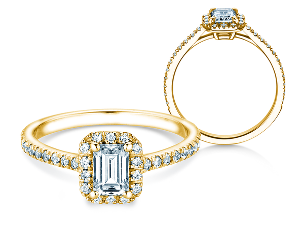 Anello di Fidanzamento Emerald Halo Pavé in 14K oro giallo con diamanti 1,47ct G/VS