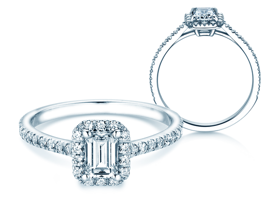 Anello di Fidanzamento Emerald Halo Pavé in 14K oro bianco con diamanti 1,08ct G/VS