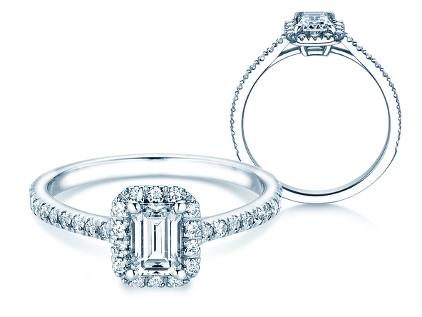Anello di Fidanzamento Emerald Halo Pavé in 14K oro bianco con diamanti 1,08ct G/VS