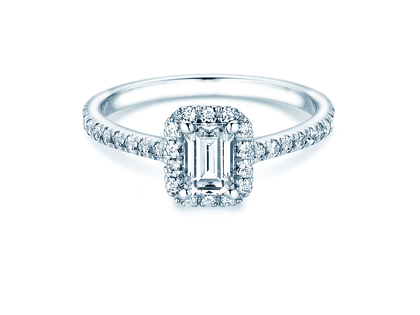 Anello di Fidanzamento Emerald Halo Pavé in 14K oro bianco con diamanti 1,08ct G/VS