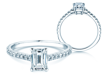 Anello di Fidanzamento Emerald Pavé in oro bianco