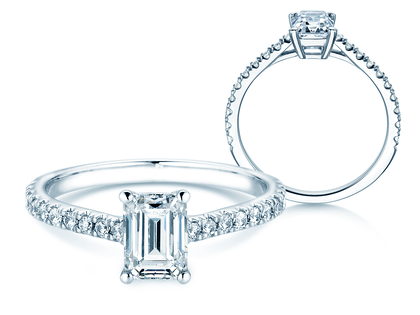Anello di Fidanzamento Emerald Pavé in 14K oro bianco con diamanti 1,30ct G/VS