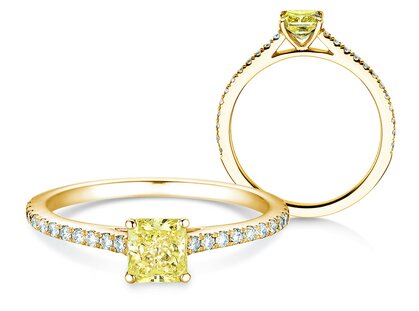 Anello di Fidanzamento Fancy Yellow Cushion Pavé in 14K oro giallo con diamanti 0,77ct G/SI