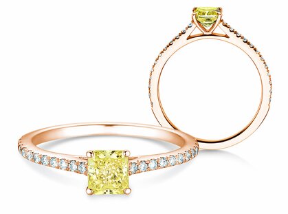 Anello di Fidanzamento Fancy Yellow Cushion Pavé in 14K oro rosa con diamanti 0,77ct G/SI