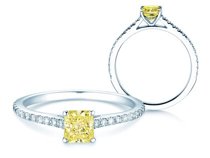 Anello di Fidanzamento Fancy Yellow Cushion Pavé in 14K oro bianco con diamanti 0,77ct G/SI