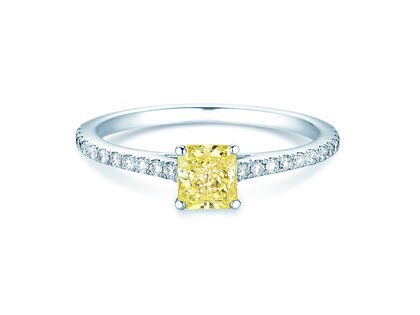 Anello di Fidanzamento Fancy Yellow Cushion Pavé in 14K oro bianco con diamanti 0,77ct G/SI