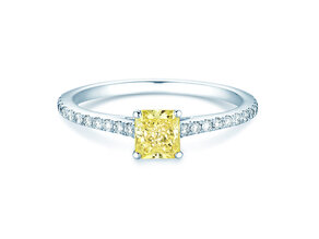 Anello di Fidanzamento Fancy Yellow Cushion Pavé in 14K oro bianco con diamanti 0,77ct G/SI