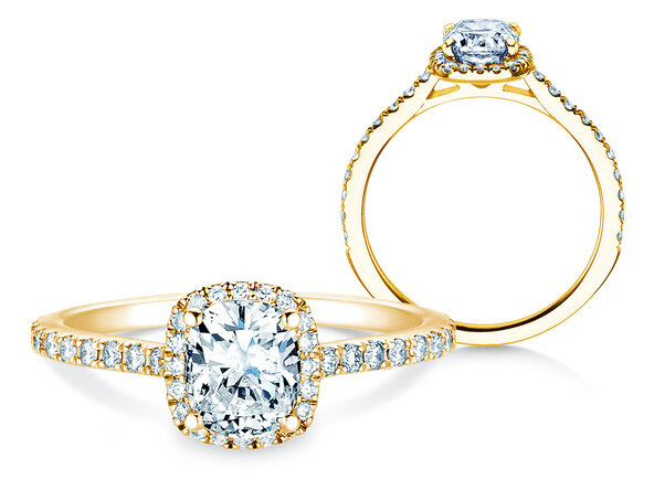 Anello di Fidanzamento Halo Cushion Pavé in 14K oro giallo con diamanti 1,30ct G/SI