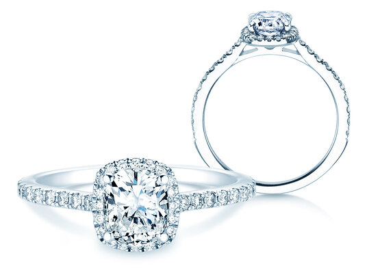 Anello di Fidanzamento Halo Cushion Pavé in 14K oro bianco con diamanti 1,30ct G/SI