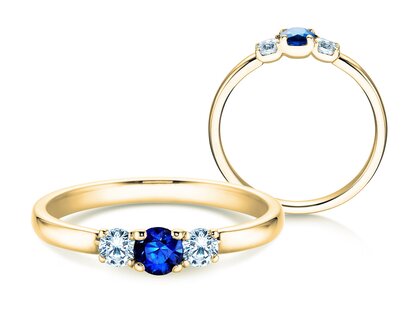 Anello di Fidanzamento  in 9K oro giallo con zaffiro 0,20ct e diamanti 0,20ct