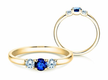 Anello di Fidanzamento  in 9K oro giallo con zaffiro 0,20ct e diamanti 0,20ct